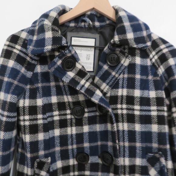 Aeropostale Womens Sz XS Blue Black Plaid Wool Blend Coat Large Button - Picture 3 of 5